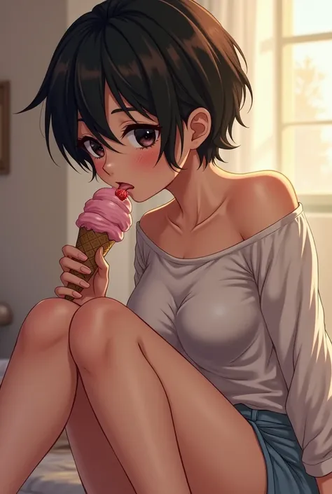 Make a nsfw image of a brunette boy with short black hair ,flirtatious black eyes with a mole on the left eye, The boy is sitting on top of someone ,She is with her legs open and sucking ice cream with her tongue suggestively 