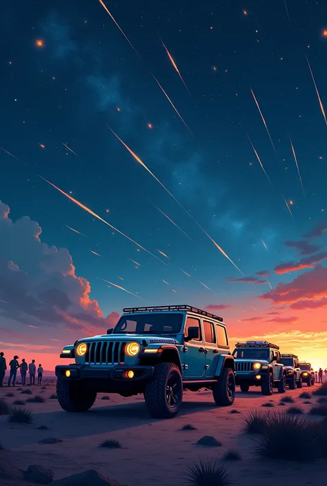 Jeep Wrangler、sense of world、Light up、Popularity、horizontal line、Wranglers are lined up、Lots of meteors、Crowd、Illustration effect for posters and magazines, far and near method, 