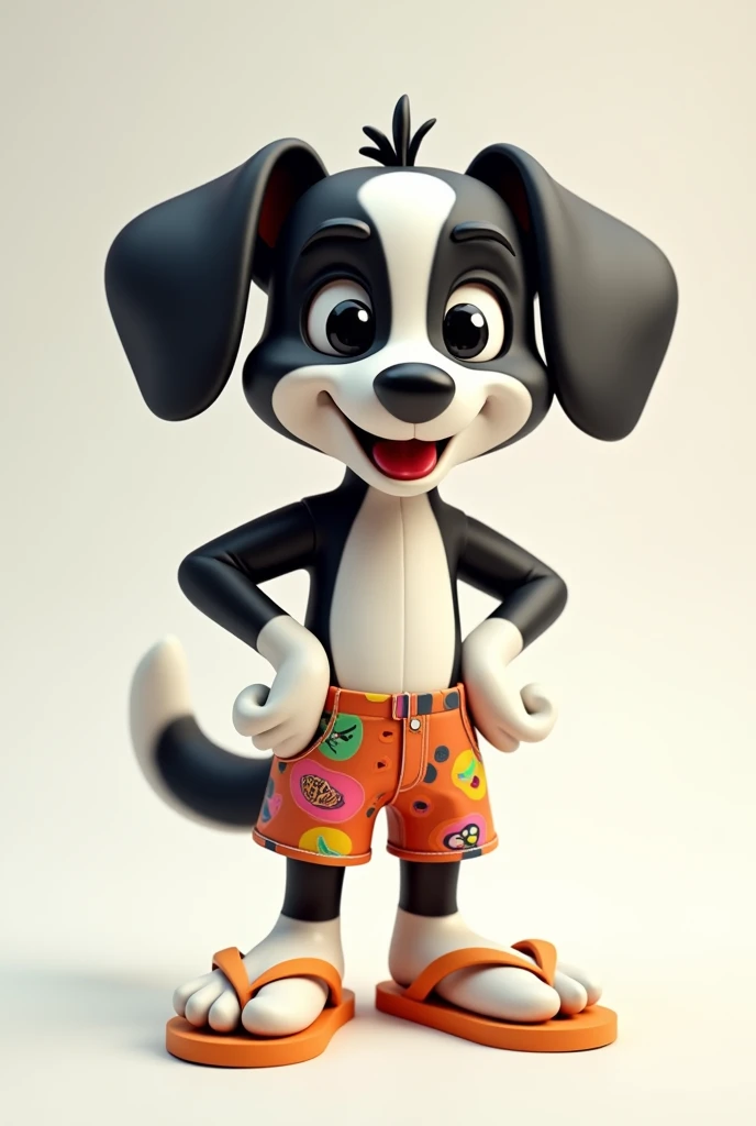 Create a Black and White Dog Cute Version, 3D cartoon style with shorts and flip flops