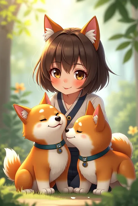 make a skin of a  Japanese girl with short brown hair and a shiba inu dog, the dog&#39;s collar says Lupi