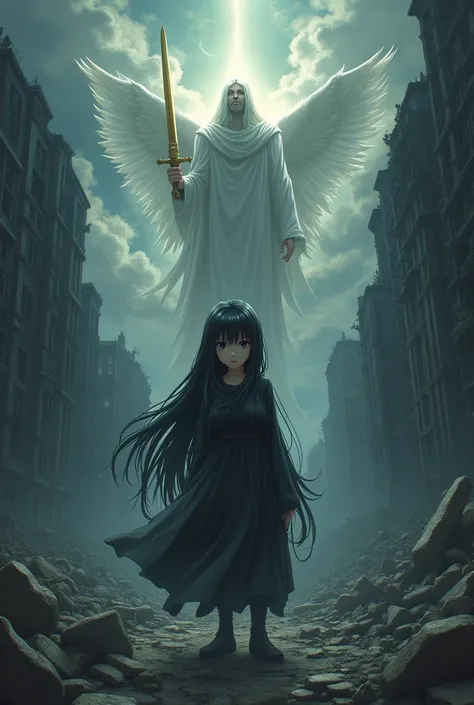 black-haired woman in despair in a destroyed city, a dark aura of a monstrous emanating from her body and above her a white-skinned divine man holding a shining golden sword version anime