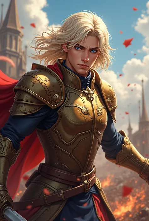 Male prince, blue eyes, Pale blonde medium long hair, bronze armor, in battle, anime style, 