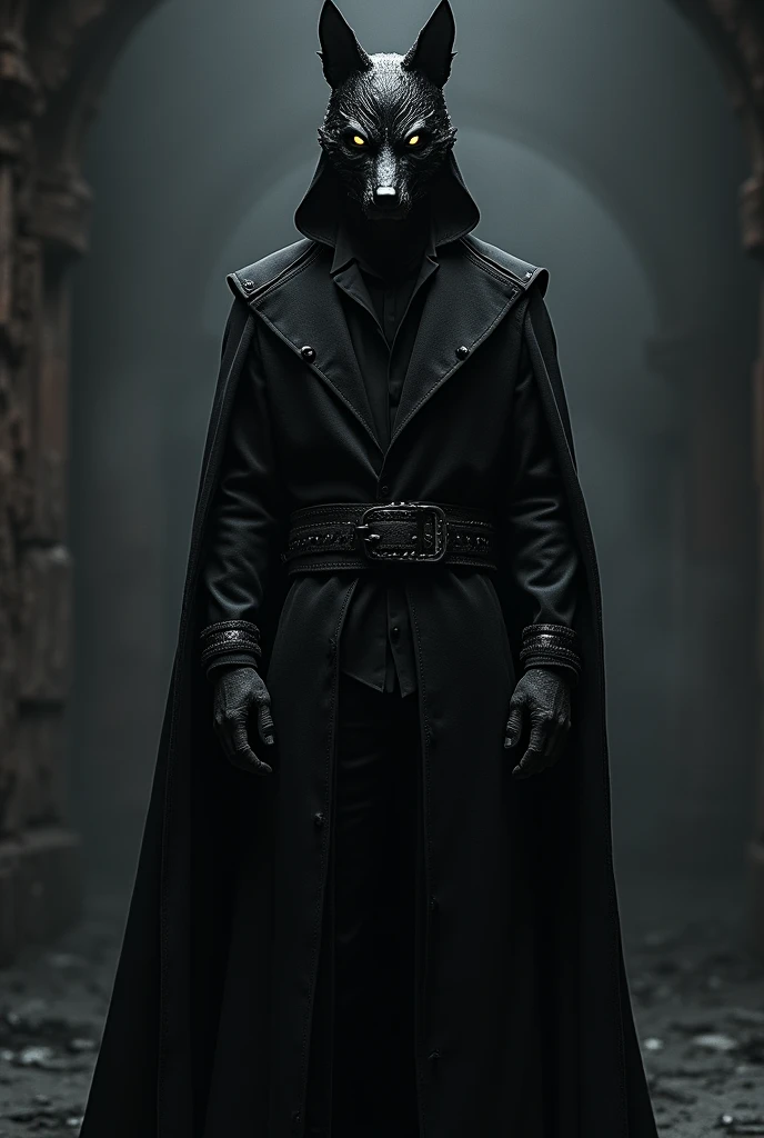 a demon hunter in black clothes with a black and white gradient cape and a black fox mask with small white details and glowing eyes
