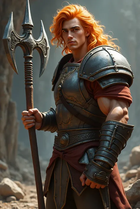 Young large man with wavy orange hair , a little muscular guy wearing armor and a 4-pronged axe