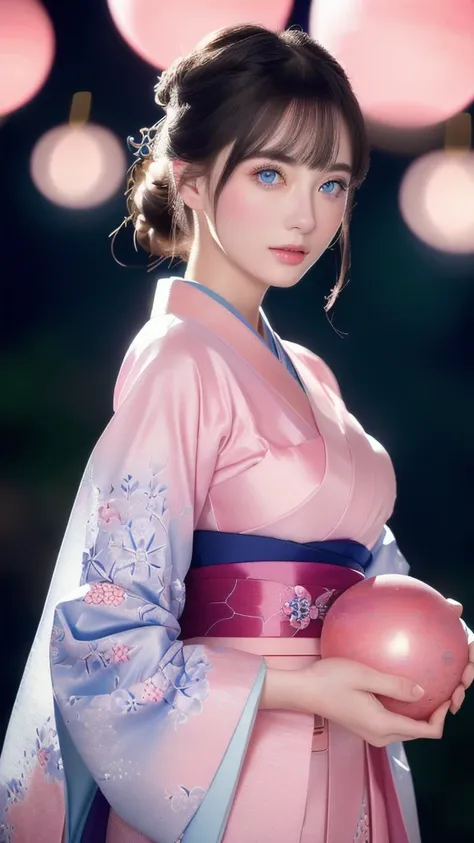 a beautiful young woman, detailed blue eyes, traditional Japanese kimono, frontal pose upper body, holding pink spherical gem, mysterious moonlit background, (best quality,4k,8k,highres,masterpiece:1.2),ultra-detailed,(realistic,photorealistic,photo-realis...