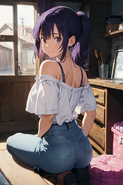 1 girl, teenage girl, purple hair, pony tail, cute face, happy face, long off-shoulder shirt, white dress, blue jean, long jean, black boots, home, pink bedroom, dark sky, flowers, sitting down, grabbing own ass, ass, thick ass