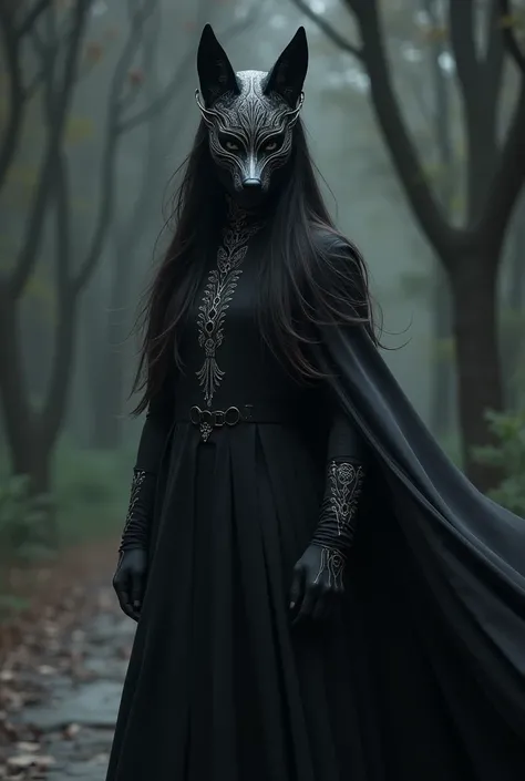 a demon hunter in black clothes and long hair, with a black and white gradient cape and a black fox mask with small white details and shiny eyes.

