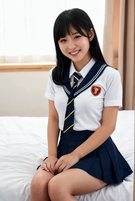 Realistic、Age 15、Young、woman、Beautiful breasts、Student Uniform、mini skirt、A little bit of my chest is visible、Black Hair、Short、bedroom、Sitting、Asian、A captivating smile