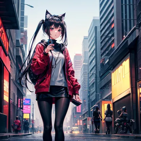 Knee-length leggings　((Beautiful girl holding a mobile phone in her hand)) 4K  8K:: Cyberpunk::1 --v 4 --quality 2 anime girls、With long hair and cat ears、On the street　Twin tails