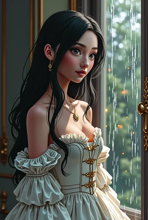 Character: female Iasmim01 A young woman of elegant appearance, with long, straight, dark black hair, gently draped over her shoulders. Her big eyes are dark brown and bright, full of life and charm. She has a well-shaped mouth, with pink and delicate lips...