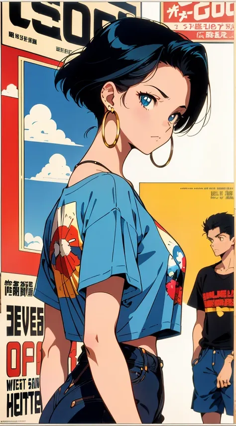 beautiful girl with short black hair, hoop earrings in her ear, print t-shirt, 90s anime style, vintage style, shinichiro watana...