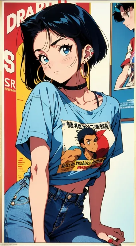 Beautiful girl with short black hair, hoop earrings in her ear, print t-shirt, 90s anime style, vintage style, Shinichiro Watanabe, cinematic angle, (((Vintage poster 90s))), ((Vintage poster 90s))