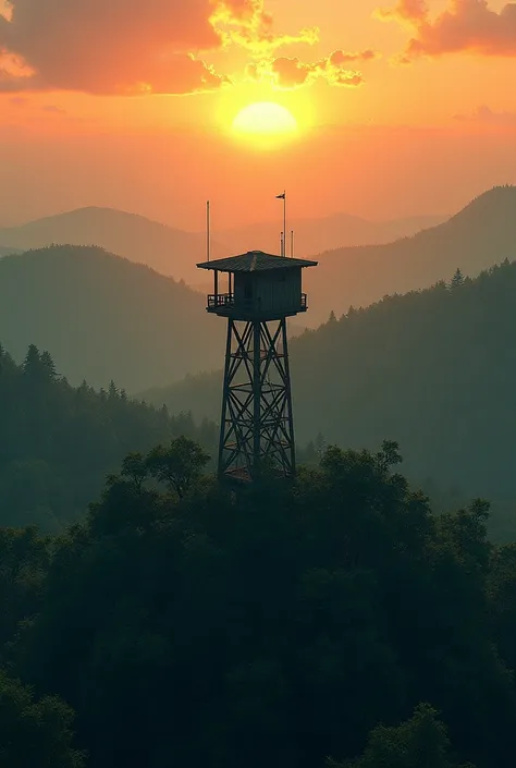 small watchtower, in the middle of a giant forest seen from above to the horizon of a setting sun