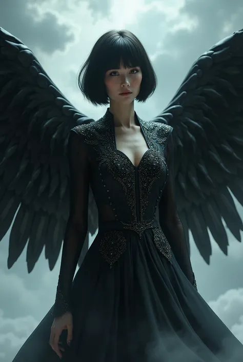 Majestic woman with short bob hair and black wings