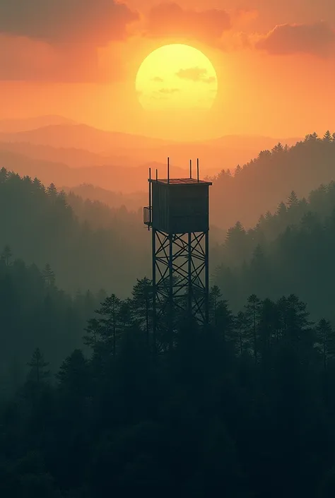 small watchtower, in the middle of a giant forest seen from above to the horizon of a setting sun