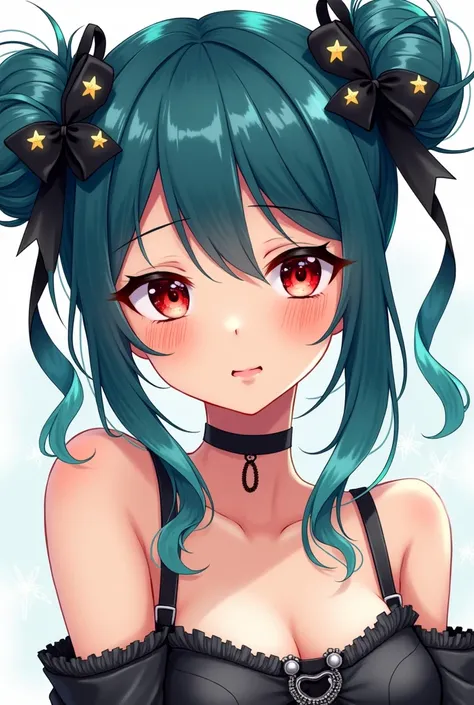 Create a manhwa style girl with dark cyan hair and star shaped hair buns, red and tired eyes and a smile, she wears a crop top with black ribbons 
