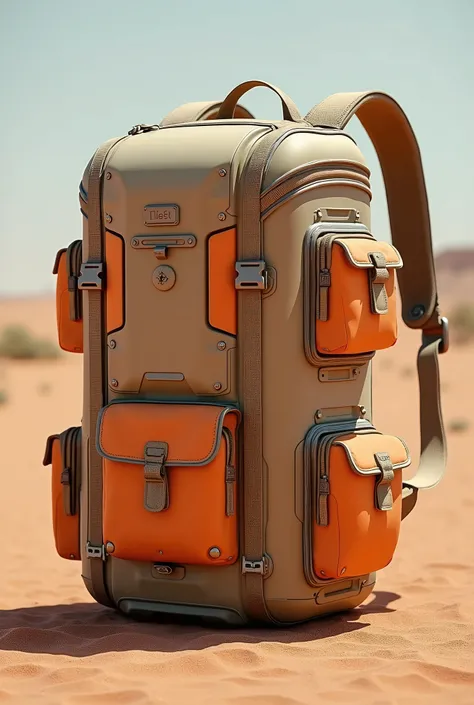 live-action、Real、Sand beige and orange military backpack prototype、Container-like shape、Futuristic Design