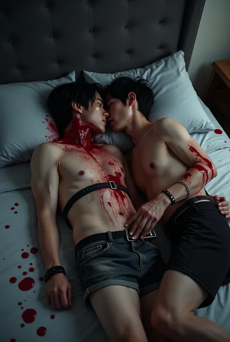 Two korean men with not masculine body having a hot sex on the bed at night chocking the bottom neck and blood on body and choker and belt and chains angry and aggressive lying down on bed not kissing 