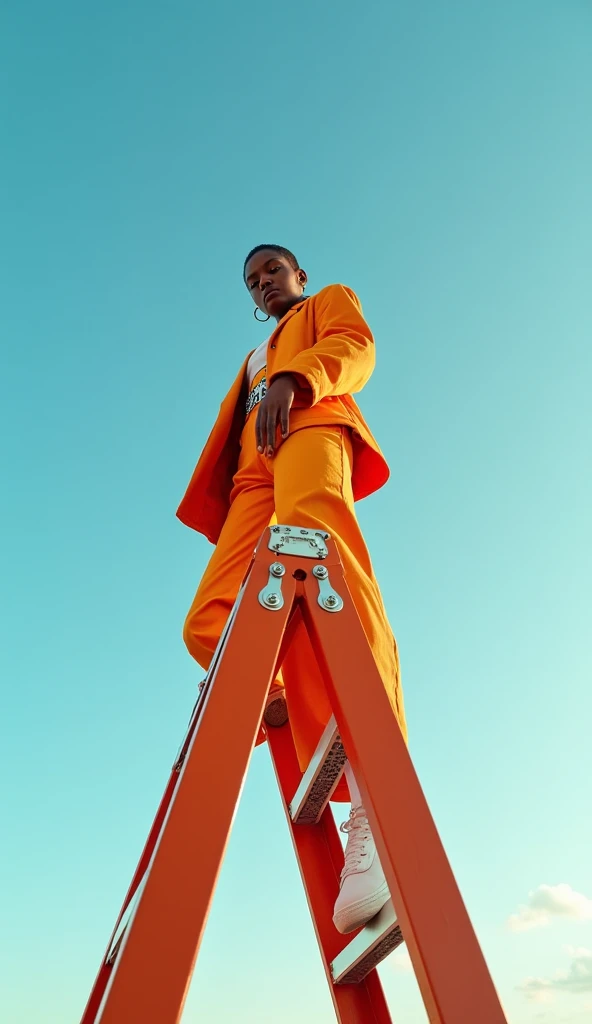 A high-fashion outdoor photoshoot with a model sitting on a folding ladder, positioned at a 45-degree angle from the camera. The model is dressed in a bold, vibrant outfit that contrasts against the backdrop of a clear, bright blue sky. The scene is framed...