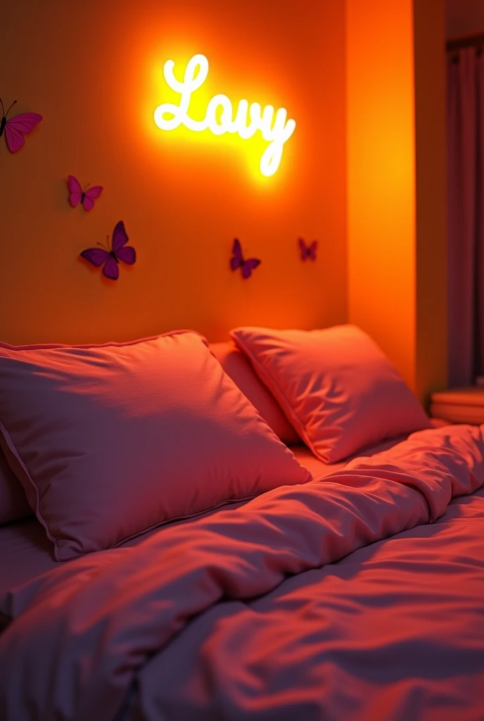 View from side of pink bed with pillows, bedroom at night,yellow walls with butterfly stickers on, very dark in bedroom, lit by orange neon sign saying “Lady Love xxx” whole bed visible