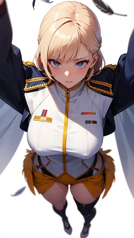 erect nipples, Top view, (best quality, work of art), mikasaAOT, Alone, , Paradise_military_uniform, jacket, uniform, Big breasts, gordo, perfect body, distinctive, feathers, Sensual, Big breasts , corsel solera, transparent white solera , White transparen...