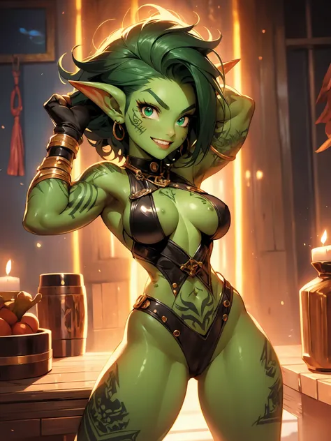 absurdres, masterpiece, 4k, extremely muscular goblin tomboy, brash, confident, green skin, pointy ears, smile, green eyes, short length messy green punk hair, small breasts, many tattoos, face tattoo, 1girl, solo, happy, very detailed eyes, dynamic pose, ...