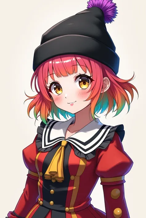 Young and cheerful looking female anime character with rainbow colored hair wearing a mime outfit and white painted face with a black beanie hat