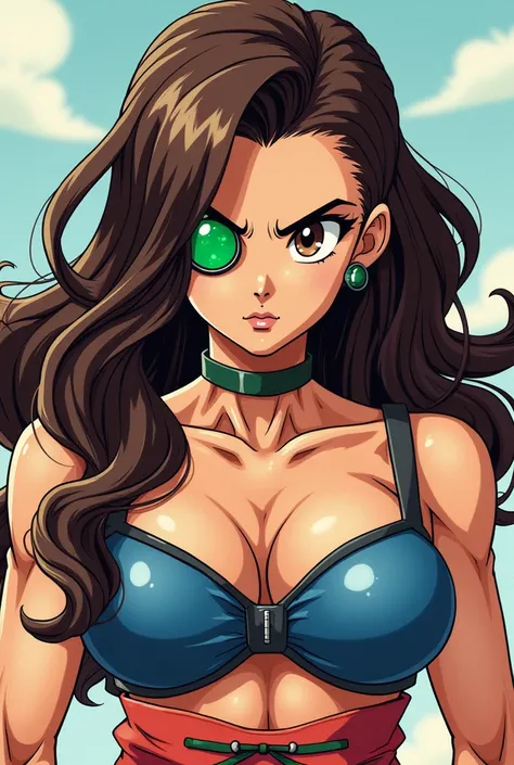 A brunette girl , full body shot , muscular body and arms, thick eyebrows, thick eyeliner, raising right eyebrow, eyelashes , lip filler, full body shot , muscule features showing on clothes , big  and clevage, cropped vegeta battle suit، Saiyan Scouter, g...