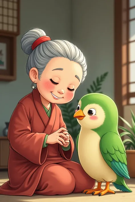 make a japanese grandma with medium brown hair, Next to it, place the Duolingo character, a smiling green owl
