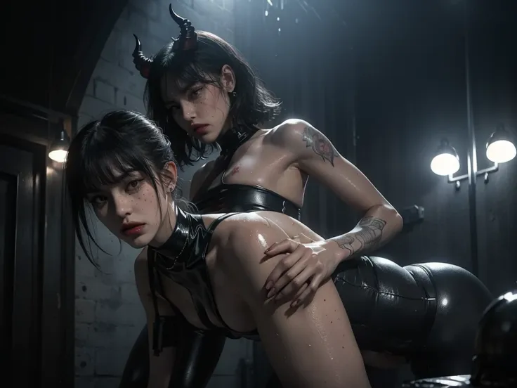 ((one completely nude and a beautiful perfect slutty sex woman demon with sexy and evil horns with slutty tattoos)), ((tear drop...