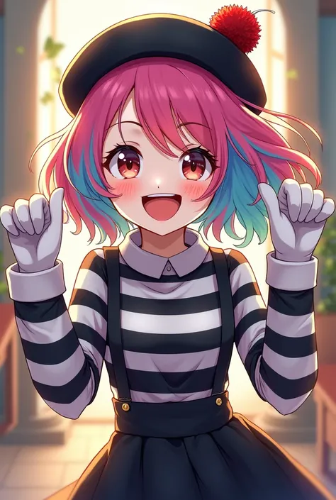 Cheerful  female anime character with rainbow colored hair wearing a mime outfit and white painted face with a black beanie hat