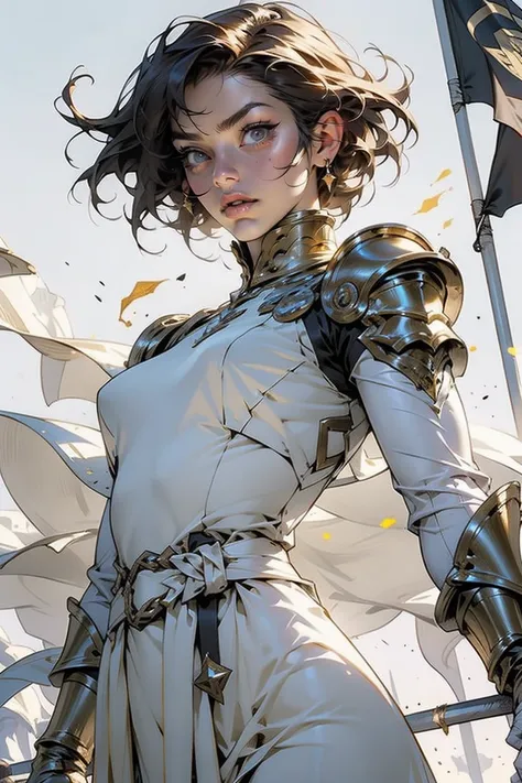 girl (((From the view of the face to the waist::1. 4))), realistic skin texture, in complex & hyper detailed white & golden valkyrie costume and armor with cape (((light glow effect))) holding a fencing sword and a guidon flag, dynamic movement of panorami...