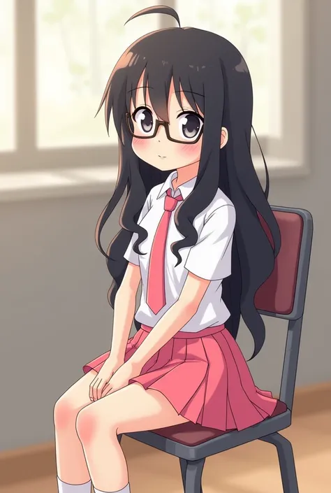 generate a girl cartoon, long wavy black hair, with glasses, and light bangs sitting on a chair.   girl wear pink skirt uniforms , white shirt and pink tie. the perspective is a lil bit far, just enough to see the feet of the chair. the Character must be w...