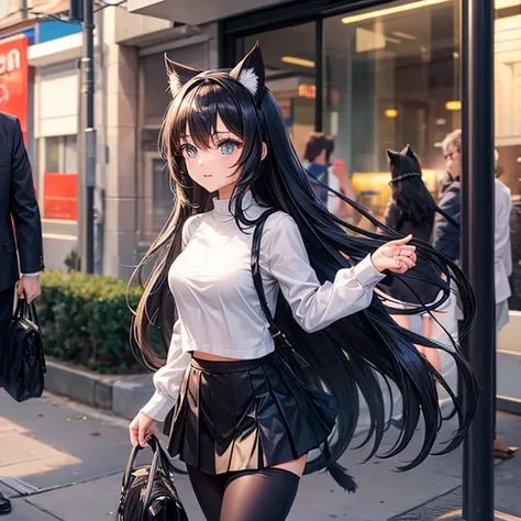 A woman in leggings and a mini skirt　Anime girl with long hair and cat ears in the city,　