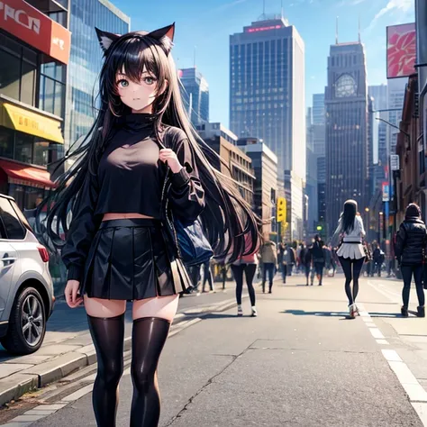 A woman in leggings and a mini skirt　Anime girl with long hair and cat ears in the city,　