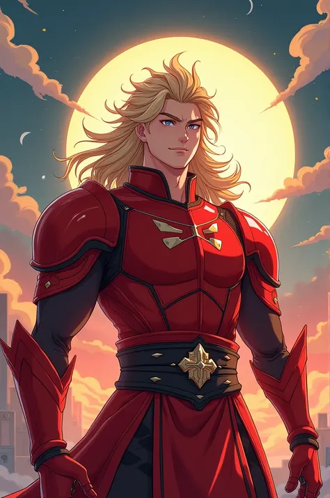 Young blond man in red armor with moon symbols. anime