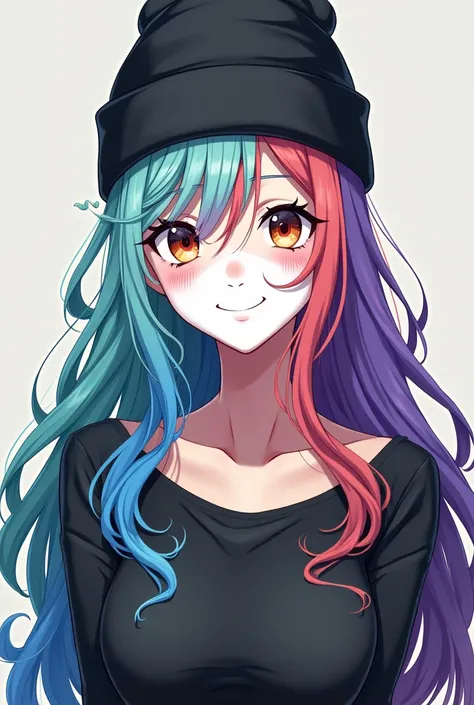 Cheerful 30s female anime character with long, multi-colored, rainbow-style hair dressed in mime style and white painted face wearing a black beanie hat