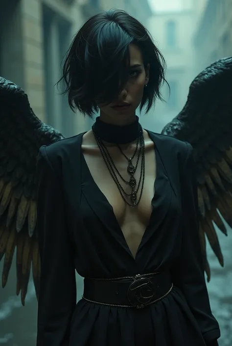  mysterious short haired chanel injured and with wings,covering face 