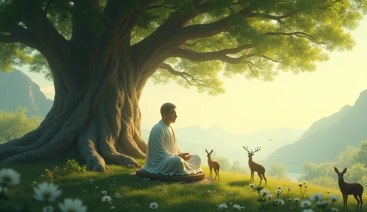 A serene, realistic depiction of Buddha sitting in a lotus position under a large, ancient Bodhi tree. The atmosphere is peaceful, with soft golden light filtering through the leaves, illuminating Buddha’s calm and enlightened expression. His robes flow ge...