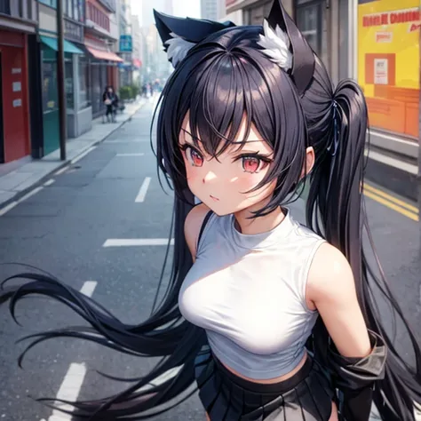 a woman in leggings and a mini skirt　anime girl with long hair and cat ears in the city,