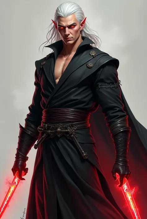 ((best qualityer,4K,high resolution,work of art:1.2)),((concept character art)), 1 men, elf, ears with earrings, white hair shoulder lenght, eyes shining with red thunder, cocky attitude, convinced smile, light tanned skin, clean face, black robes of a rog...