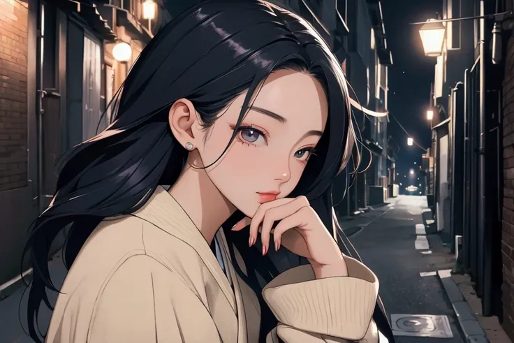 a woman in korean, style s80, with shiny hair, with model poses, with stylish model clothes, listening to old music and enjoying and feeling satisfaction, lofi hip hop, blurring the background, alone, beautiful and detailed eyes, in an alley, with the nigh...