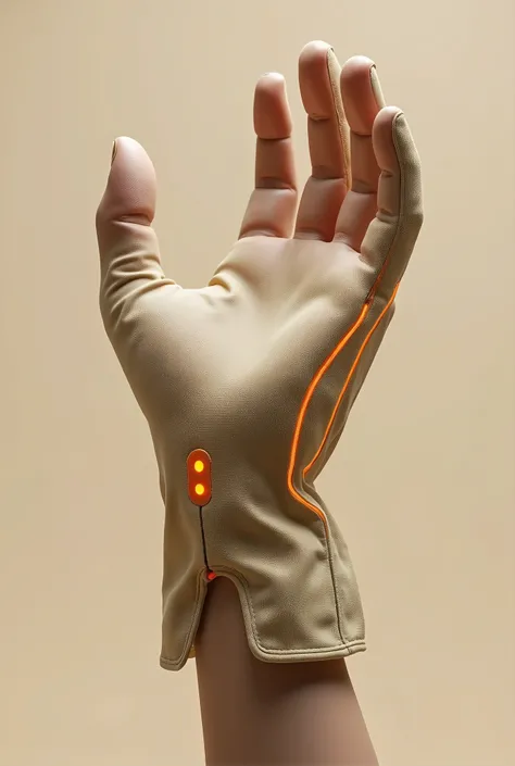 live-action、Real、Sand beige and orange military glove prototype、Sensor on the fingertip、Futuristic Design
