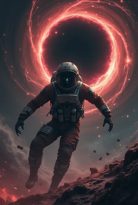 
"Create a terrifying image of a man in a damaged, torn space suit being violently pulled into a massive, ominous black hole. His face, barely visible through the cracked visor of his helmet, shows sheer terror, with his body grotesquely stretched and cont...