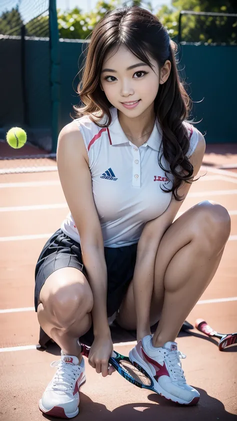 Pure Japanese teenage tennis girl, natural body, beautiful legs, shiny white skin, sitting and relaxed pose, wearing tennis uniforms, sneakers, natural wavy hair styles, no makeup, thick eyebrows, pure smile, sweet temptation, refreshing in day light, sexu...