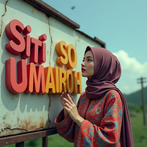 5d manipulation, A indonesian woman in hijab holding a colorful 3D word with the name "Siti umairoh" , peeking behind a torn billboard