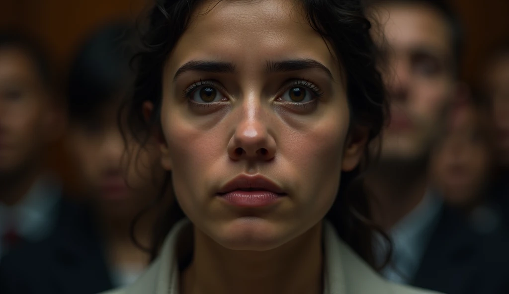 Scene: A close-up of Camila, her face showing pain and resignation. Her eyes glisten with unshed tears. Around her, the lawyers and audience are blurred, while she remains in sharp focus, isolated in her despair. Fits the phrase: "Camila, despite being sur...