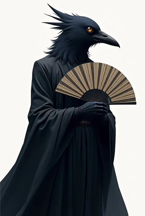 a human character, with head of crow, holding a big hand fan for the throne. close up full body with blank background. anime realistic style