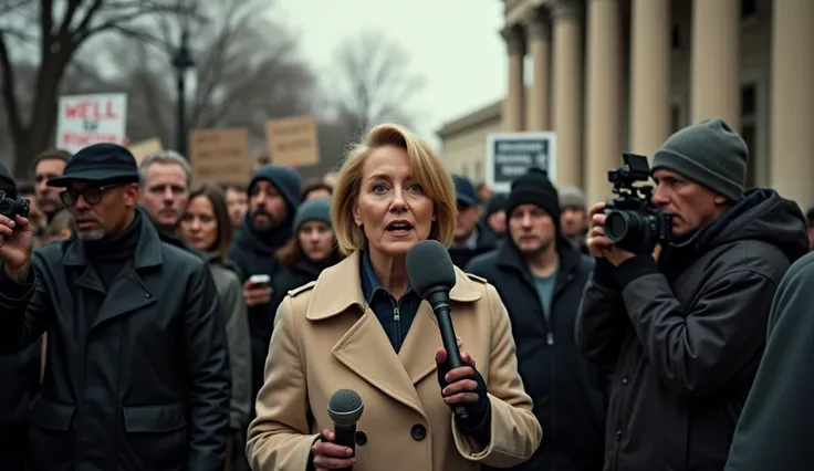 Scene: A group of reporters outside the courthouse, frantically speaking into microphones and writing notes. A middle-aged female reporter with short blonde hair, wearing a beige coat, holds a microphone close to her mouth while others rush around her. Beh...