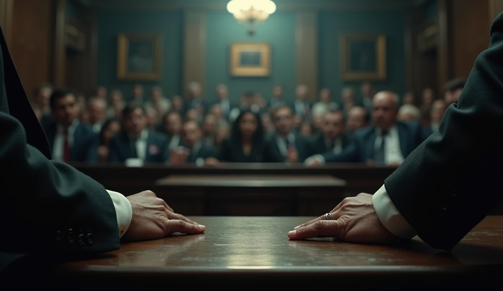 Scene: A wide shot of the courtroom from Camila’s perspective, showing the judge, jury, and crowded audience. The lighting is dim, with beams highlighting key figures in the room. The atmosphere feels oppressive, and Camila’s hands, resting tensely on the ...